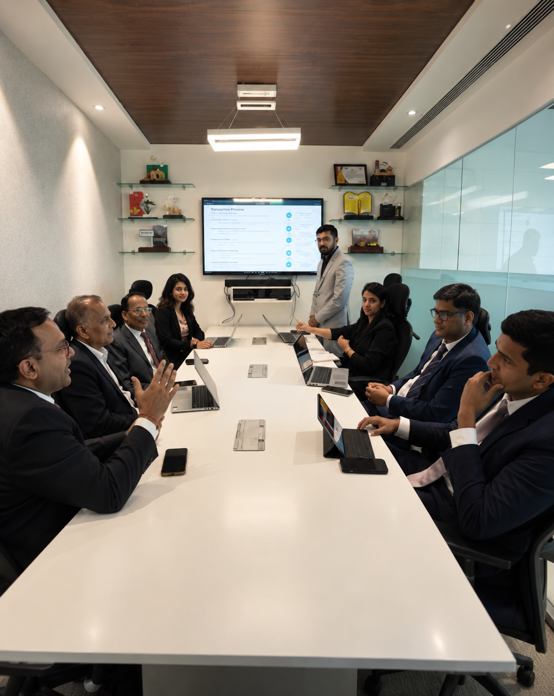 The Flookup Valuations team around a boardroom table, working through a transaction process on screen.