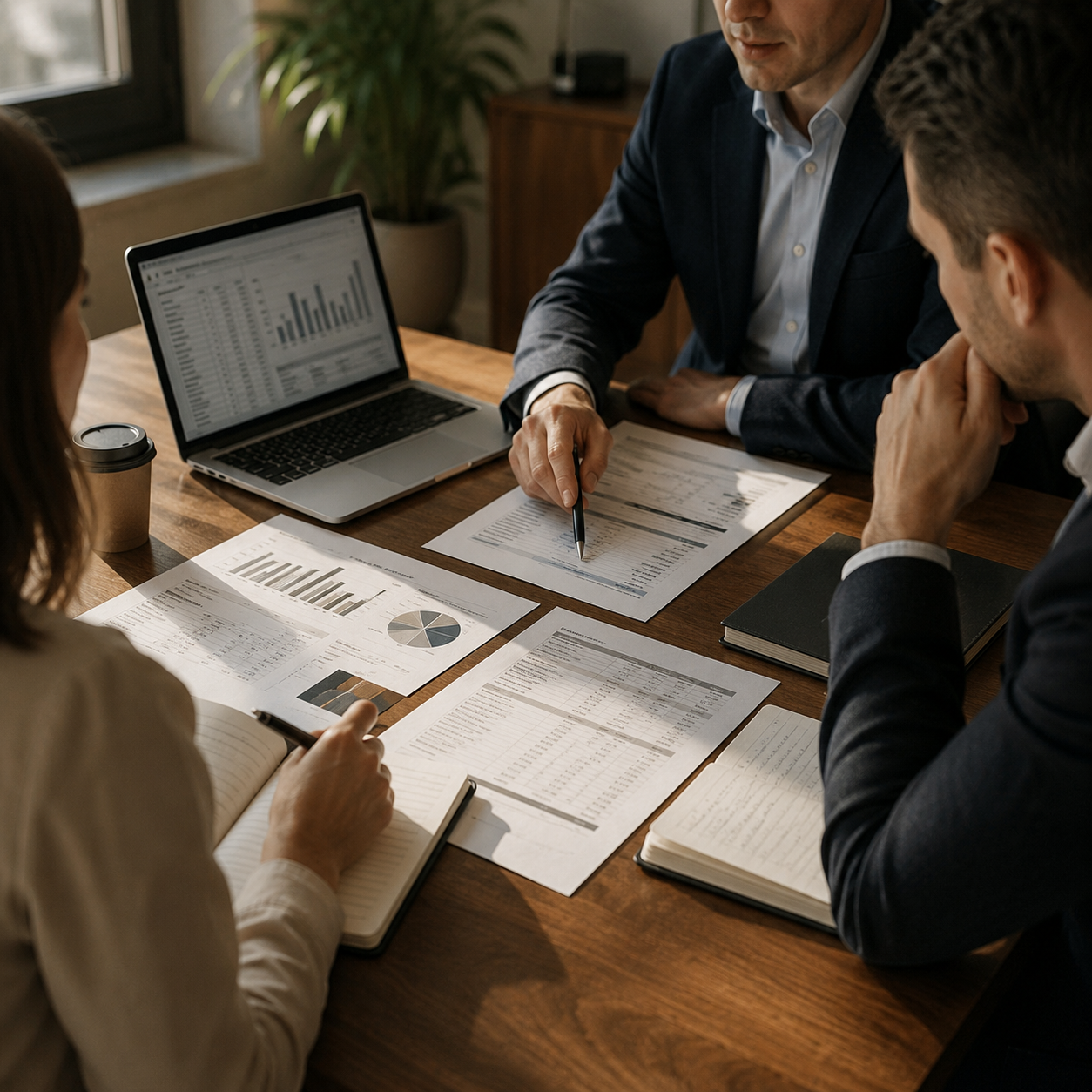 Three people reviewing printed valuation schedules and charts across a table, with a spreadsheet open on a laptop beside them.