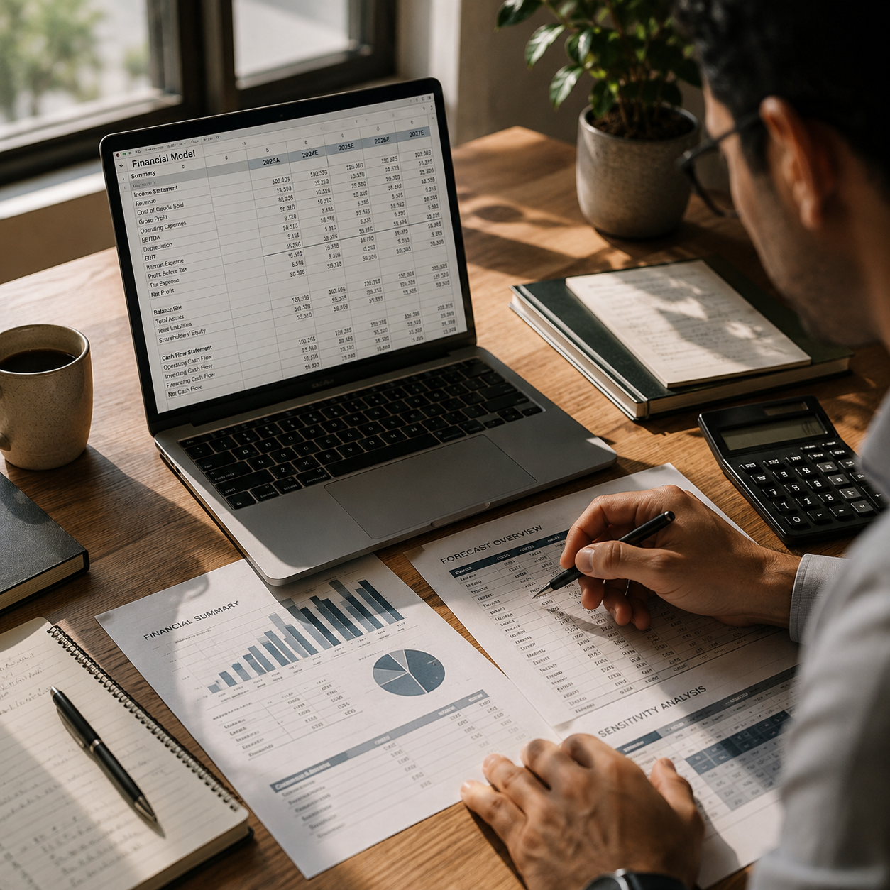 A three-statement financial model open on a laptop, with printed forecast overview and sensitivity analysis pages and a calculator on the desk.
