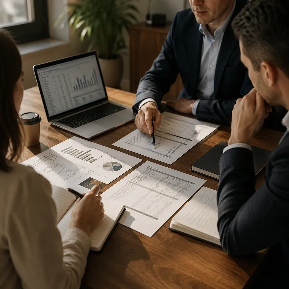 Three people reviewing printed valuation schedules and charts across a table, with a spreadsheet open on a laptop beside them.